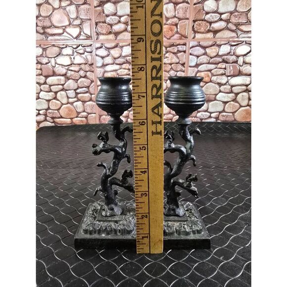 Two Ornate Squirrels on a Tree Black Cast Iron Candle Holder 8in Tall - Picture 10 of 12
